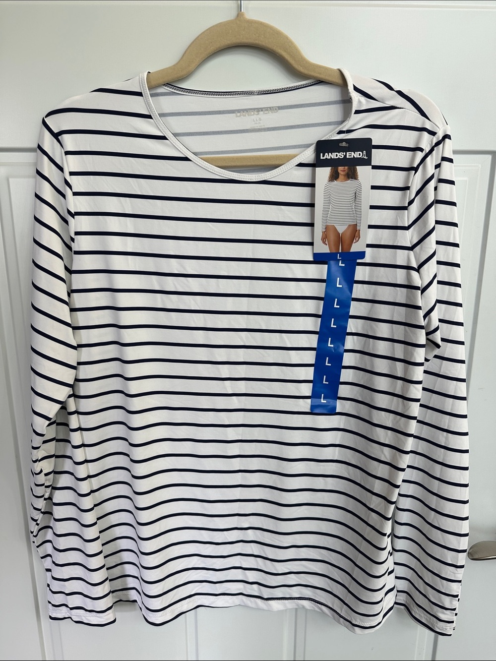 NWT Lands' End White and Navy Striped Long Sleeve Coverup Swim UPF 50 Large